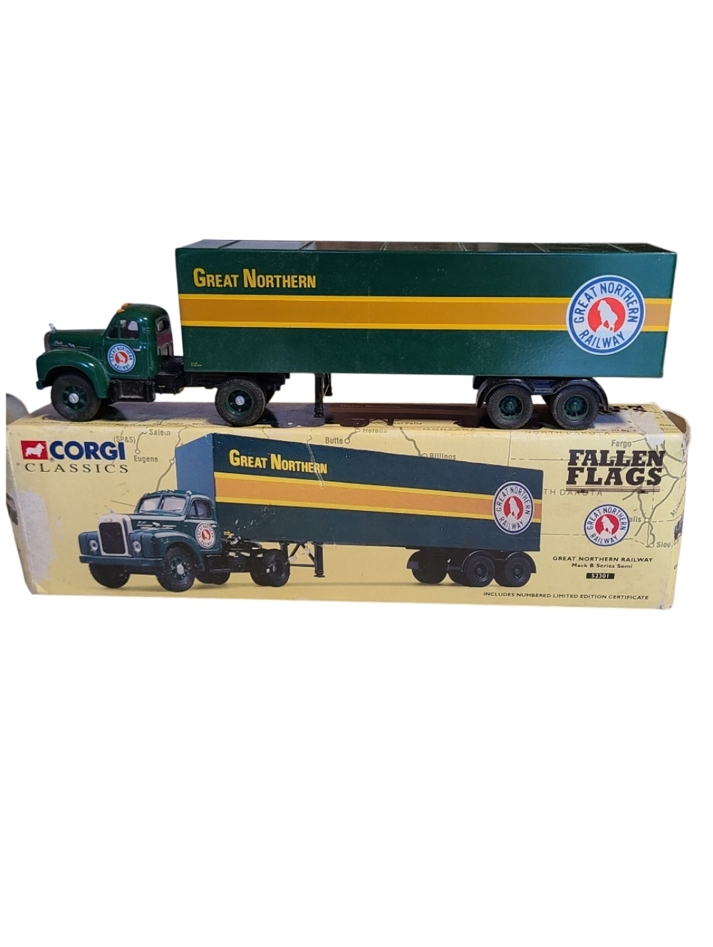 LOW #0198 Corgi Classics 52301 Great Northern Mack B Semi Fallen Flags LTD